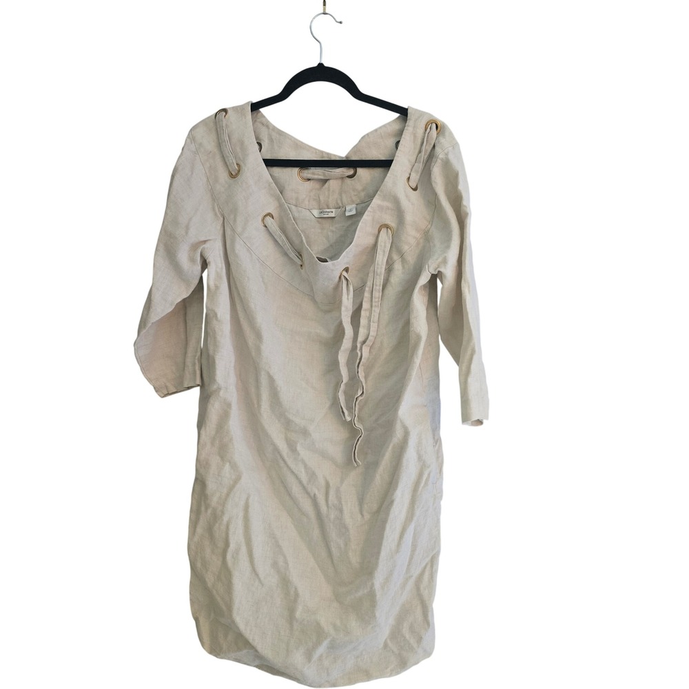 Liz Claiborne New York 100% Linen Grommet Tie Neck Shift Dress Beige Tan Size 10